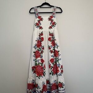 FARM Rio Flower Tapestry Lenzing White Maxi Dress with Red Rose Embroidery